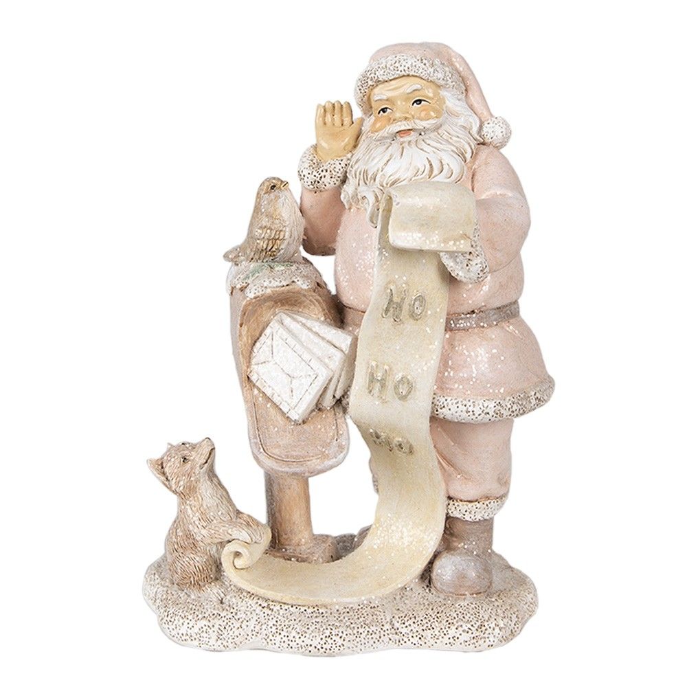 Růžová vánoční dekorace socha Santa se zvířátky - 11*8*15 cm Clayre & Eef - LaHome - vintage dekorace