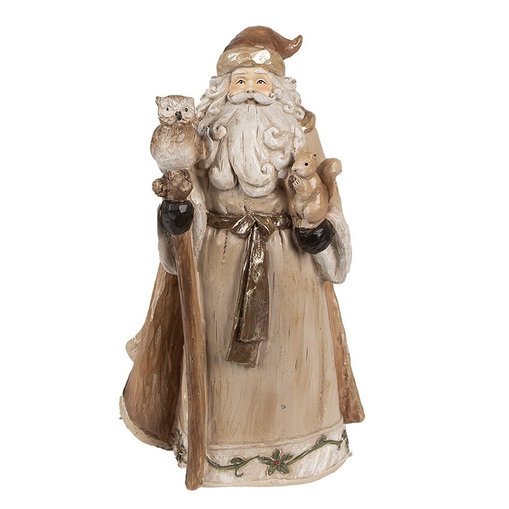 Vánoční dekorace socha Santa v hnědém kabátku a se zvířátky - 14*10*23 cm Clayre & Eef - LaHome - vintage dekorace