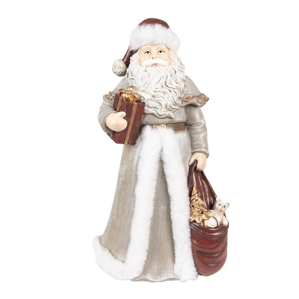Vánoční dekorace socha Santa v šedém kabátku a dárky - 16*16*31 cm Clayre & Eef - LaHome - vintage dekorace