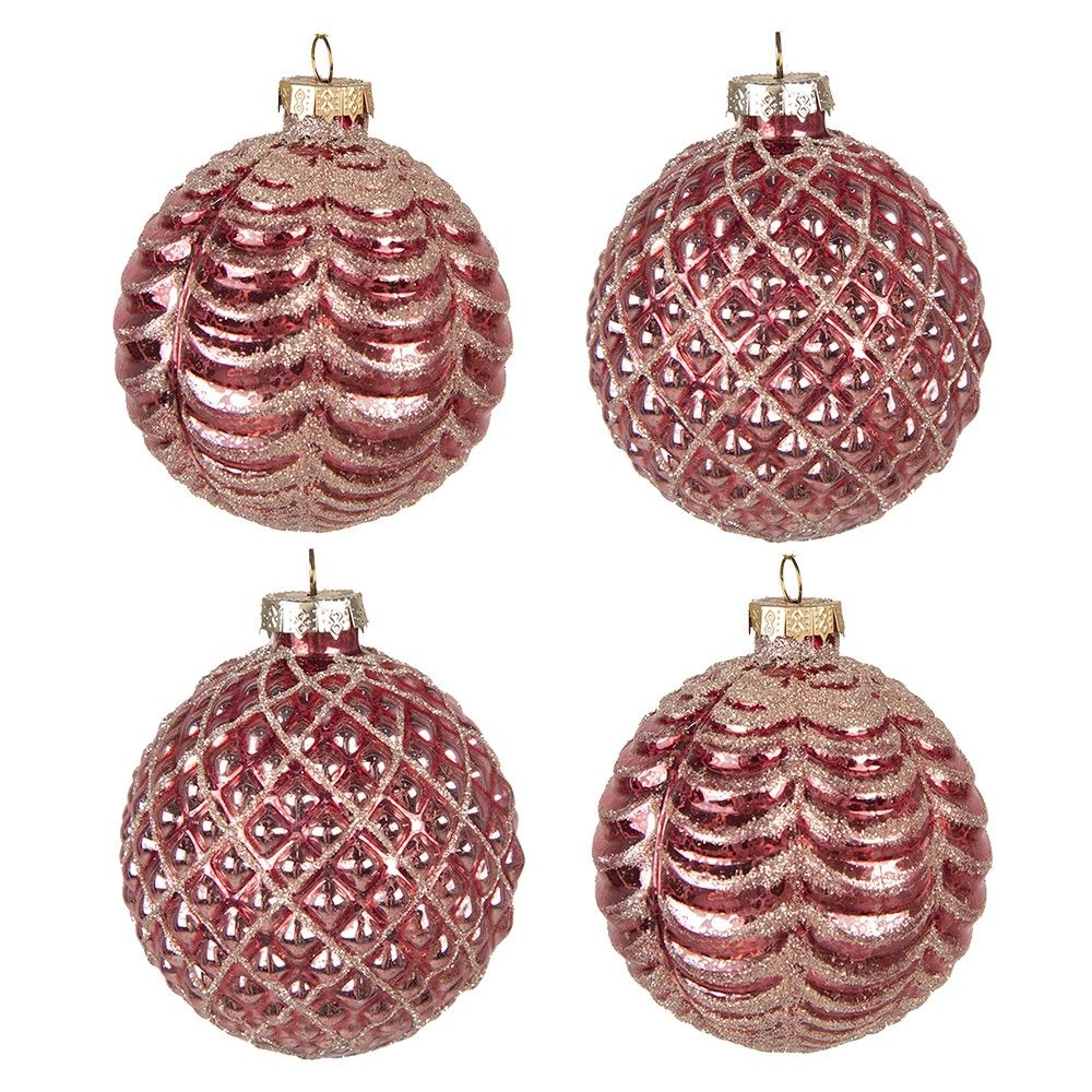 Sada 4ks červeno-stříbrná vánoční skleněná ozdoba koule - Ø 8*8 cm Clayre & Eef - LaHome - vintage dekorace