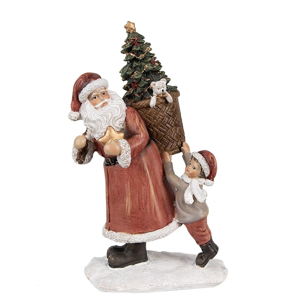 Červená vánoční dekorace Santa se stromkem v nůši a chlapcem - 17*13*27 cm Clayre & Eef - LaHome - vintage dekorace