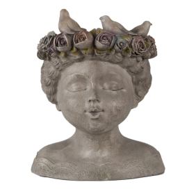 Šedý antik květináč hlava ženy s růžemi a ptáčky - 22*20*26 cm Clayre & Eef