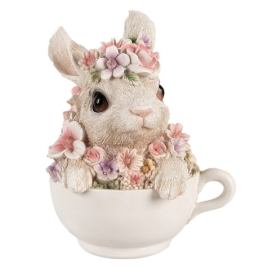 Dekorativní soška králíček v šálku posetý květinami - 13*10*15cm Clayre & Eef