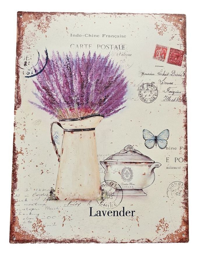 Nástěnná kovová cedule se džbánem levandule Lavender - 25*33 cm Ostatní - LaHome - vintage dekorace