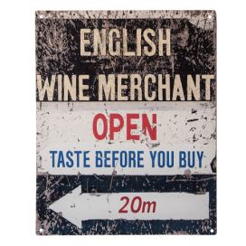Černobílá antik nástěnná kovová cedule English Wine Merchant - 20*1*25 cm Clayre & Eef