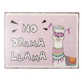 Růžová nástěnná kovová cedule No Drama Llama - 33*1*25 cm Clayre & Eef