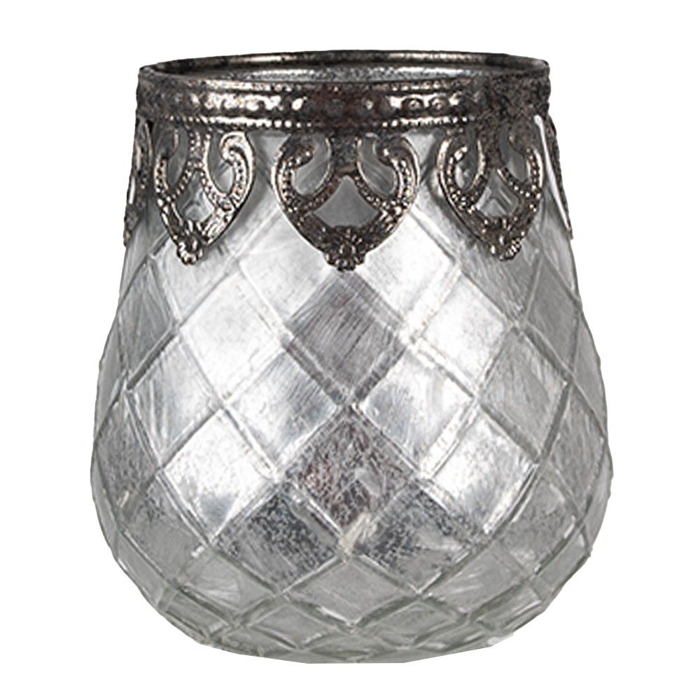 Stříbrno-šedý skleněný svícen na čajovou svíčku - Ø 9*11 cm Clayre & Eef - LaHome - vintage dekorace