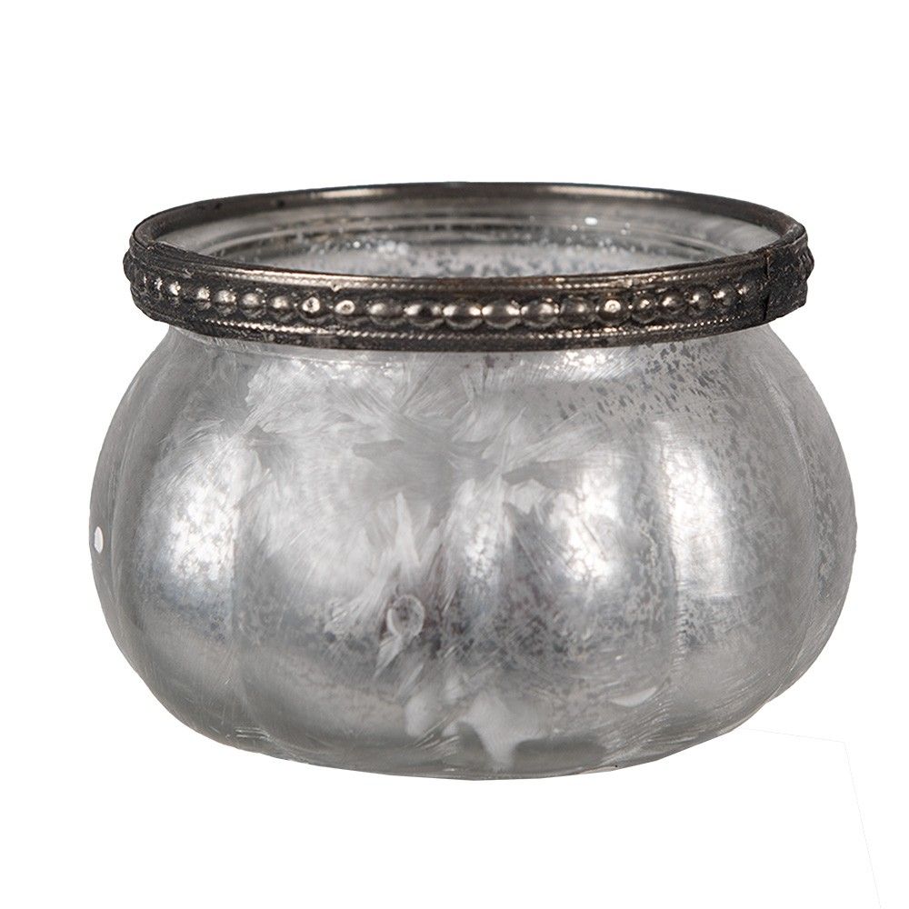 Šedo-stříbrný skleněný svícen na čajovou svíčku - Ø 9*6 cm Clayre & Eef - LaHome - vintage dekorace