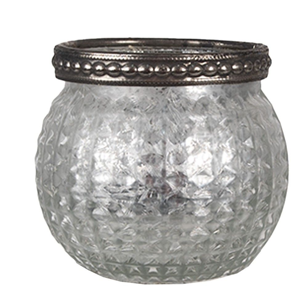Šedo-stříbrný skleněný svícen na čajovou svíčku - Ø 7*6 cm Clayre & Eef - LaHome - vintage dekorace