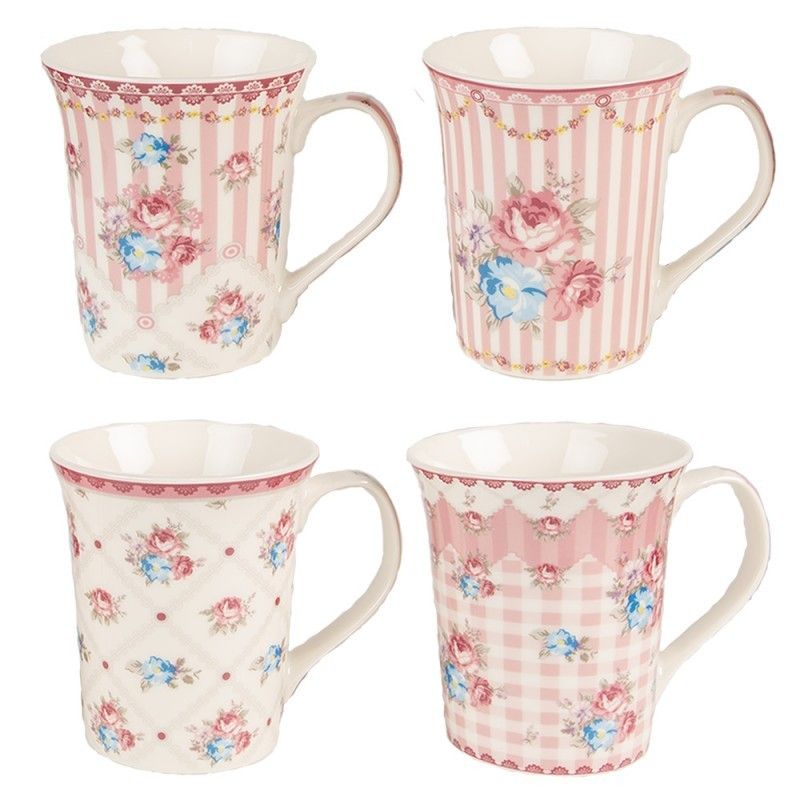 Set 4ks bílo-růžový porcelánový hrnek s květy Fliowie - 8*10 cm / 0,3L  Clayre & Eef - LaHome - vintage dekorace