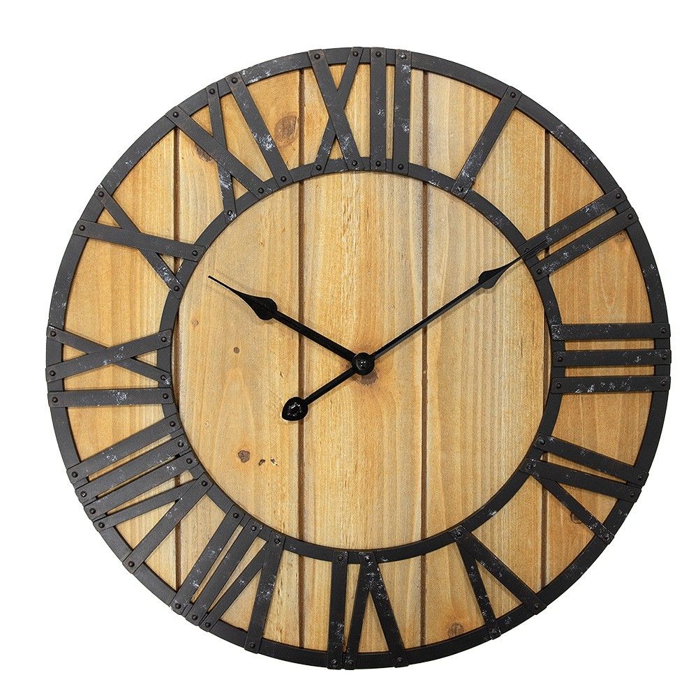 Černohnědé antik nástěnné hodiny s dřevěnými prkny - Ø 46*5 cm / 1*AA Clayre & Eef - LaHome - vintage dekorace