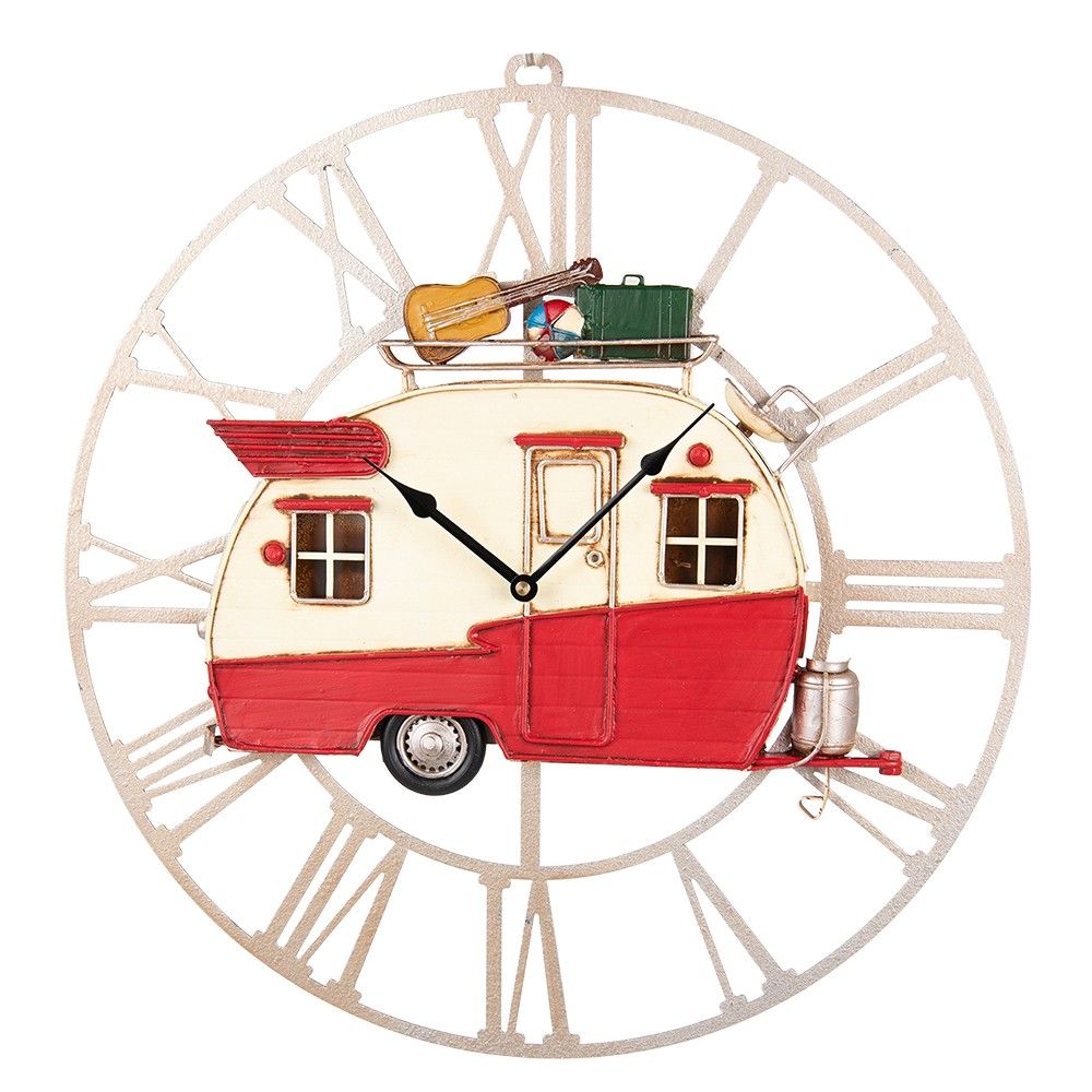 Bílé antik nástěnné kovové hodiny s barevným karavanem - 48*4*50 cm / 1*AA Clayre & Eef - LaHome - vintage dekorace