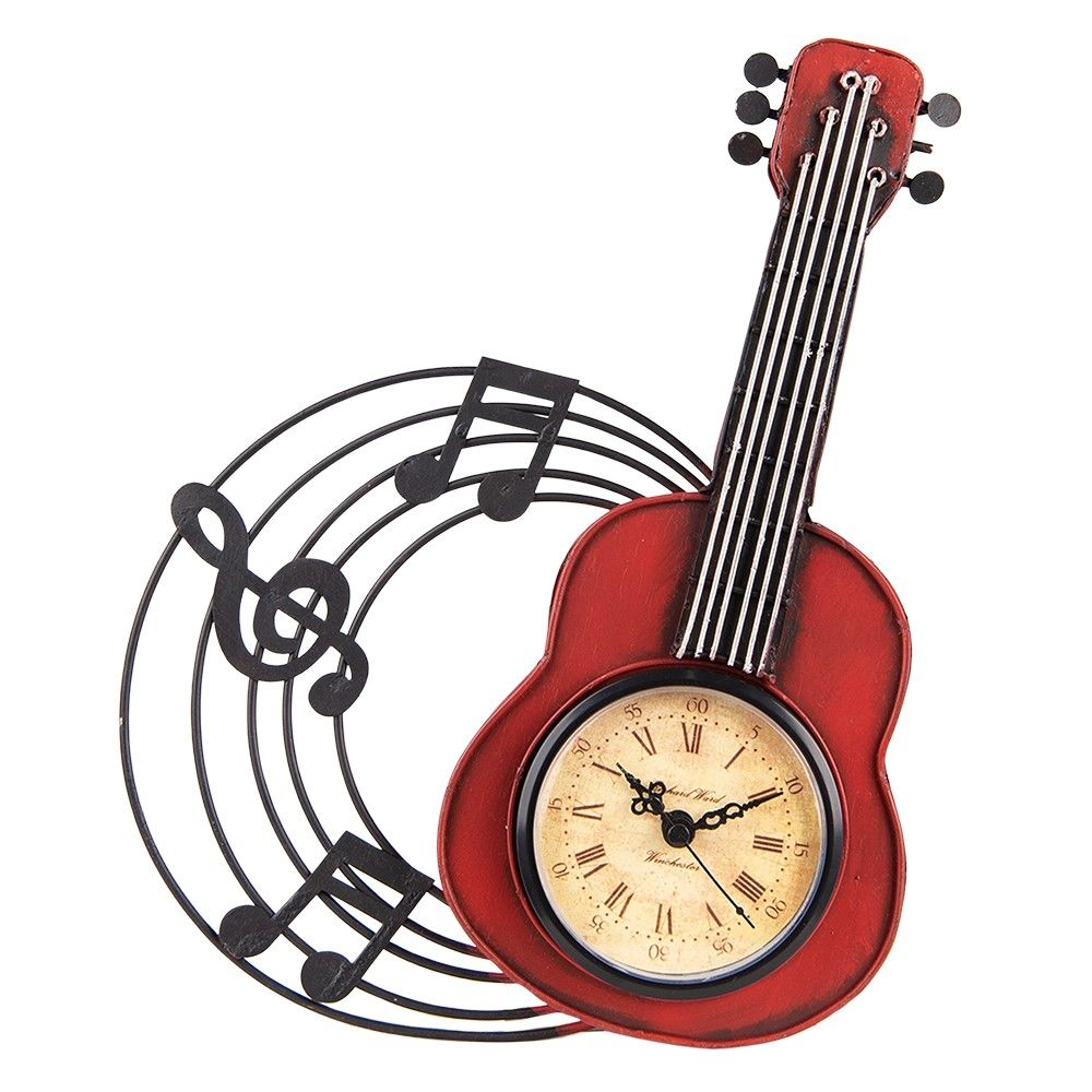 Nástěnné kovové hodiny červená kytara Guitar - 28*4*22 cm / 1*AA Clayre & Eef - LaHome - vintage dekorace