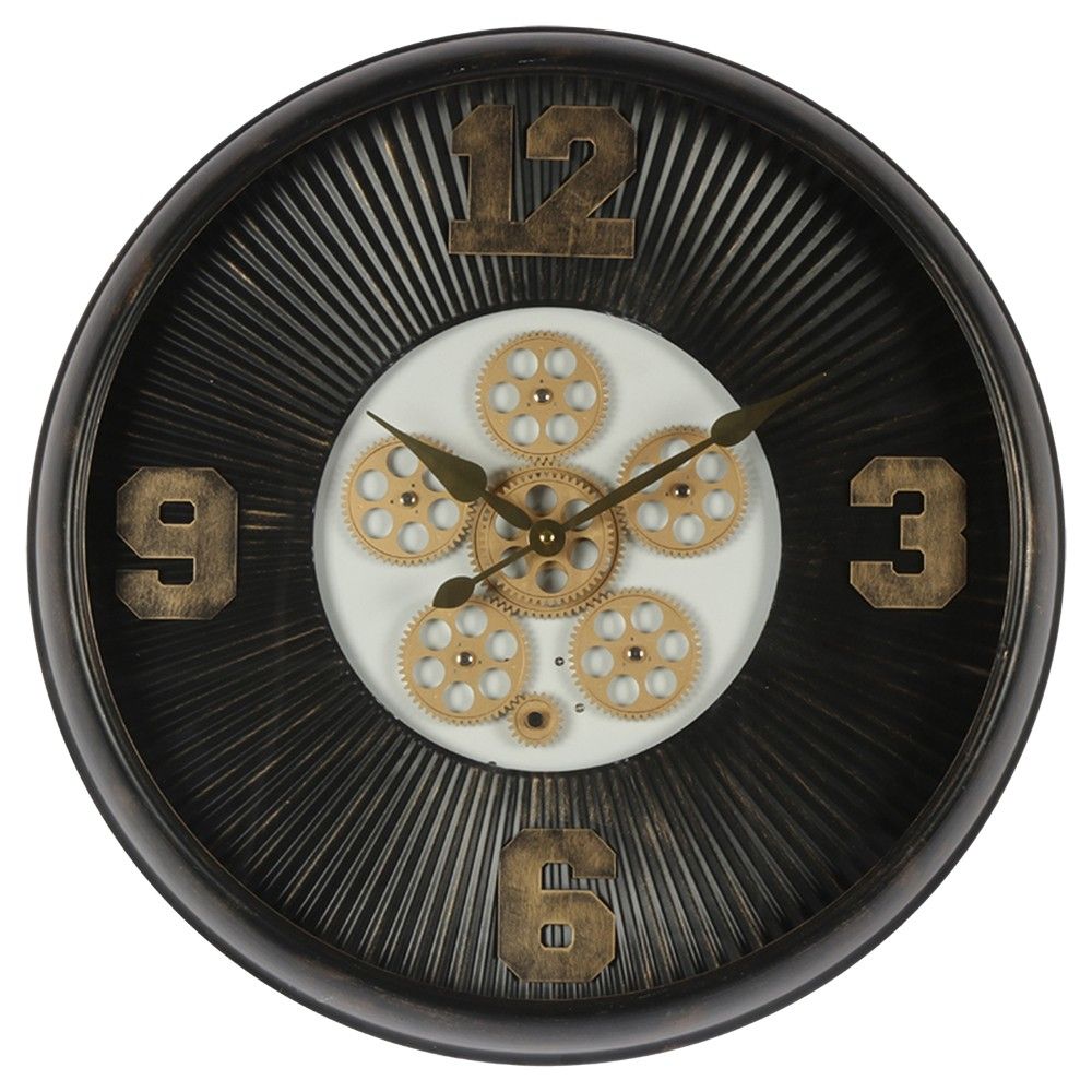 Černé antik nástěnné hodiny s ozubenými kolečky - Ø 61*11 cm / 1*AA / 1*C Clayre & Eef - LaHome - vintage dekorace