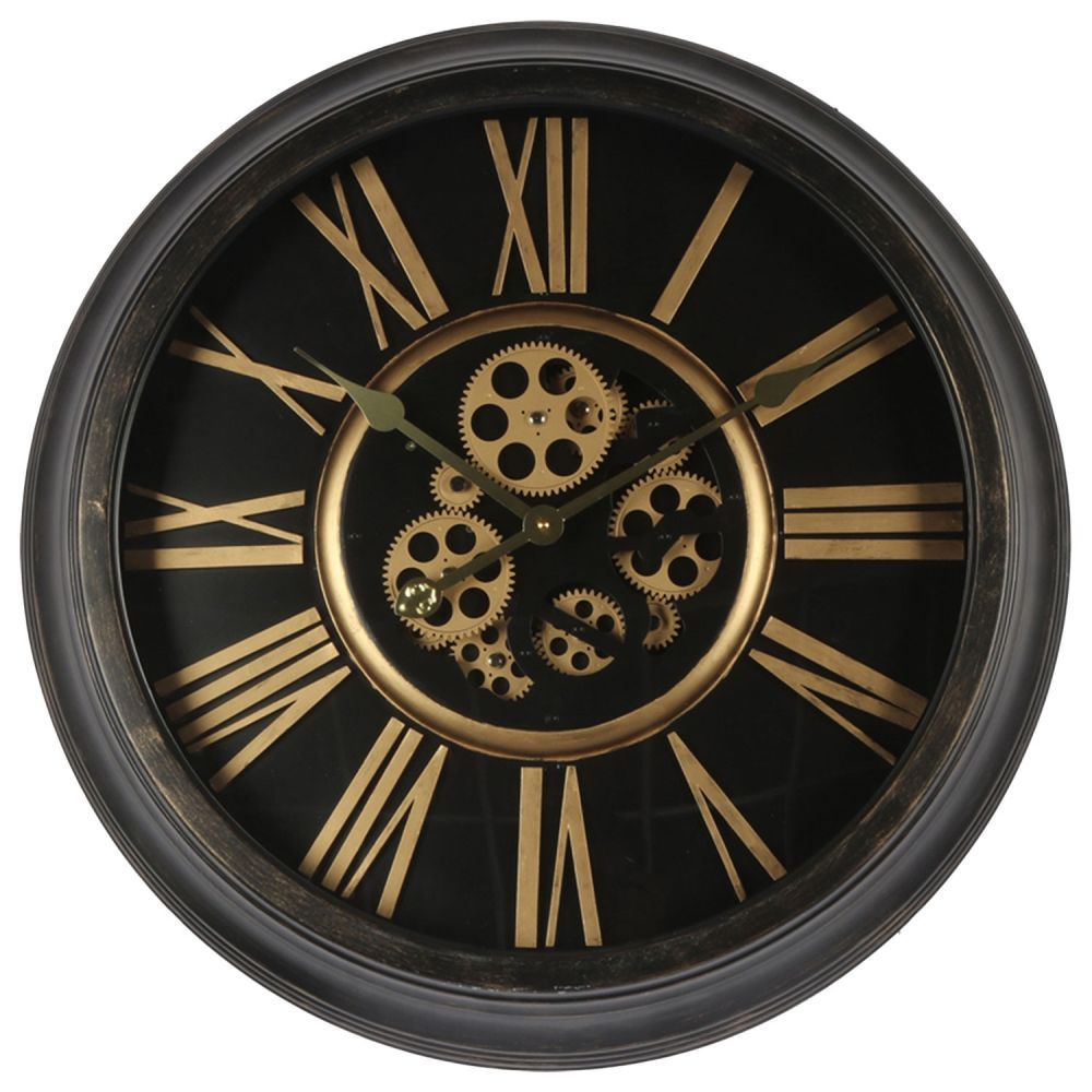 Černozlaté nástěnné hodiny s ozubenými kolečky - Ø 64*11 cm / 1*AA / 1*C Clayre & Eef - LaHome - vintage dekorace