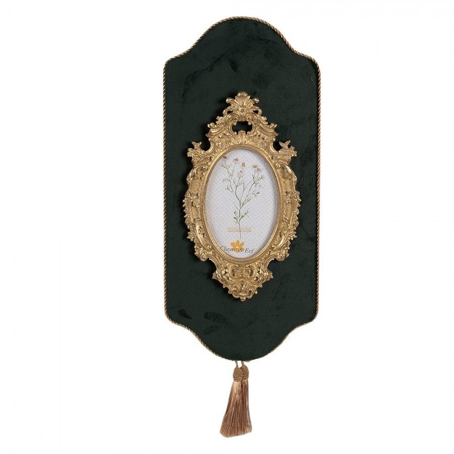 Zeleno - zlatý nástěnný fotorámeček se střapci Baroque - 20*3*44/ 10*15 cm Clayre & Eef - LaHome - vintage dekorace