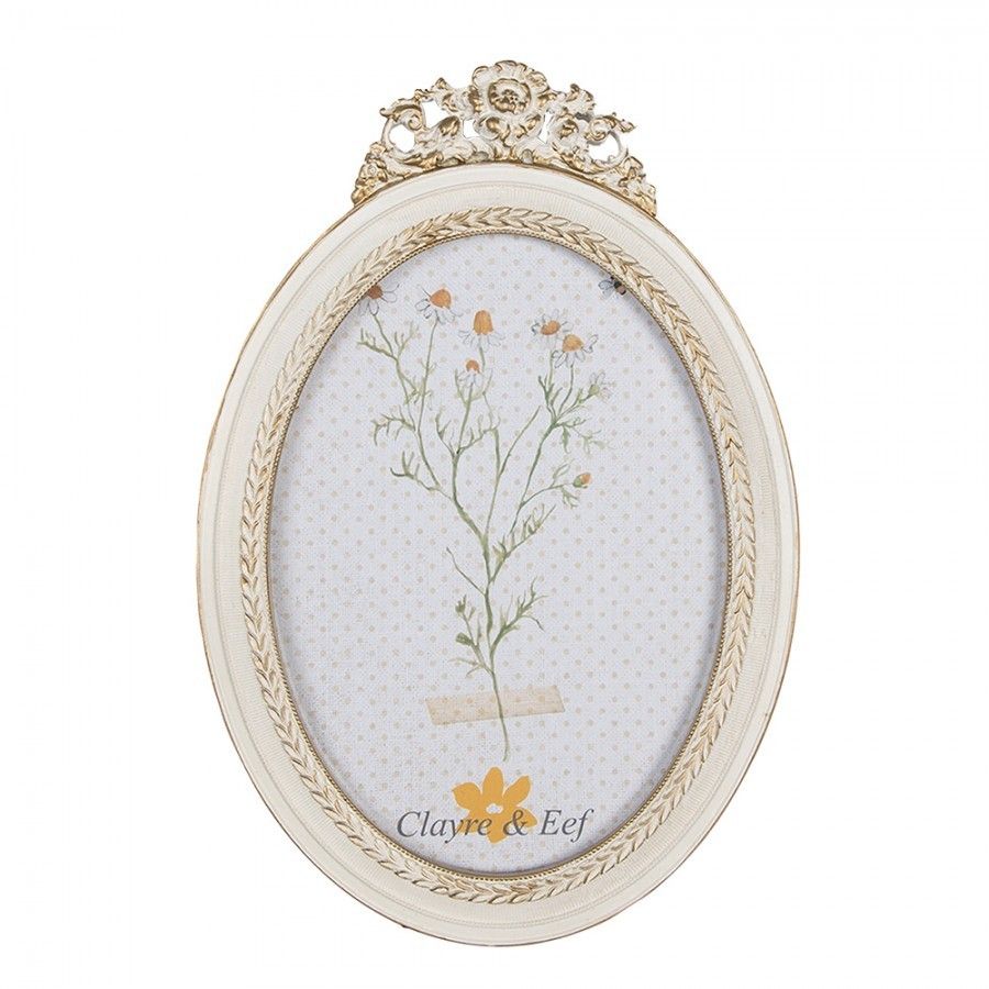 Béžový antik oválný fotorámeček s květy - 13*2*21/ 10*15cm Clayre & Eef - LaHome - vintage dekorace