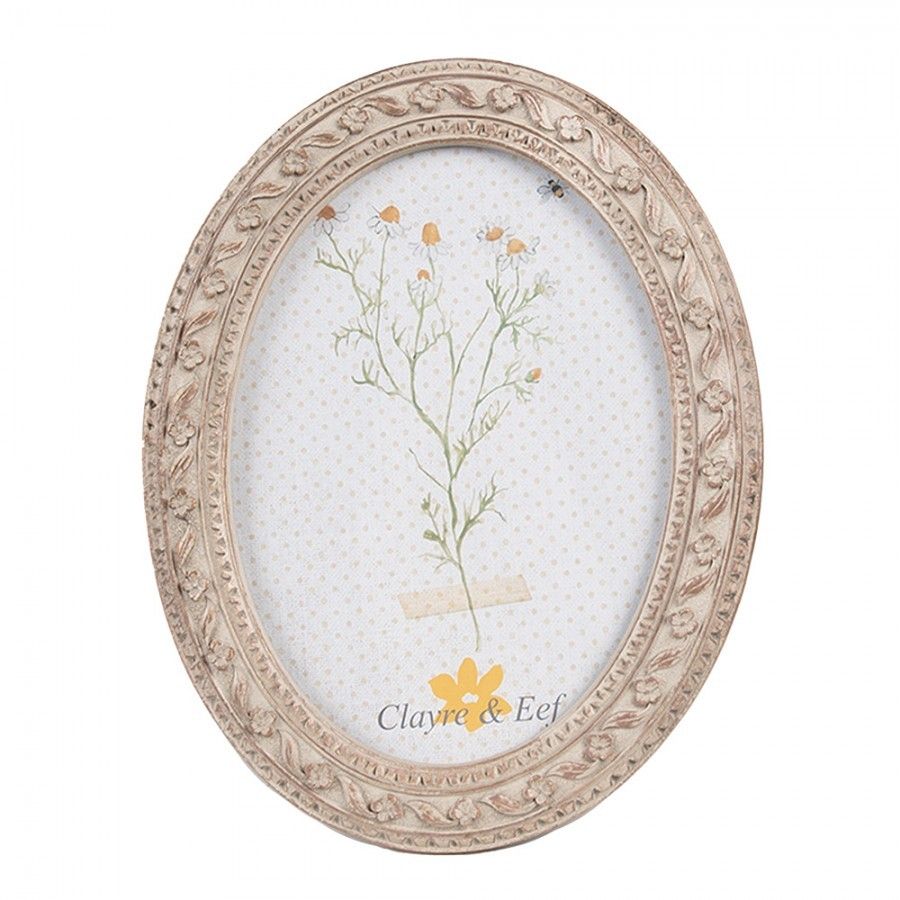 Béžovo-hnědý antik oválný fotorámeček s květy - 14*2*19 cm / 10*15 cm Clayre & Eef - LaHome - vintage dekorace