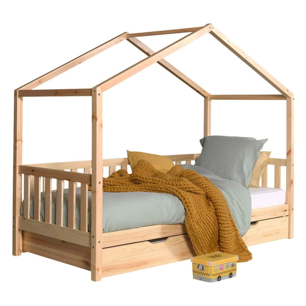 Domečková dětská postel z borovicového dřeva s výsuvným lůžkem a úložným prostorem v přírodní barvě 90x200 cm DALLAS – Vipack - Bonami.cz