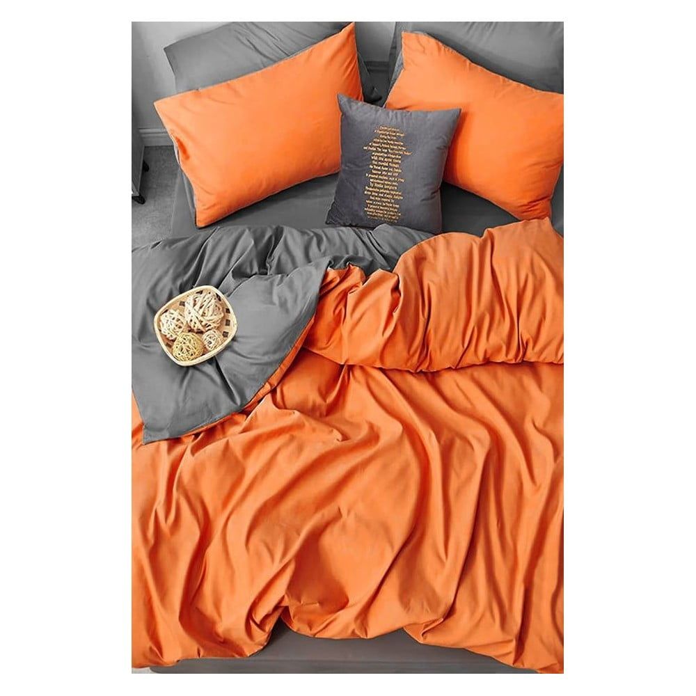 Oranžovo-šedé prodloužené čtyřdílné  bavlněné povlečení na dvoulůžko s prostěradlem 200x220 cm – Mila Home - Bonami.cz