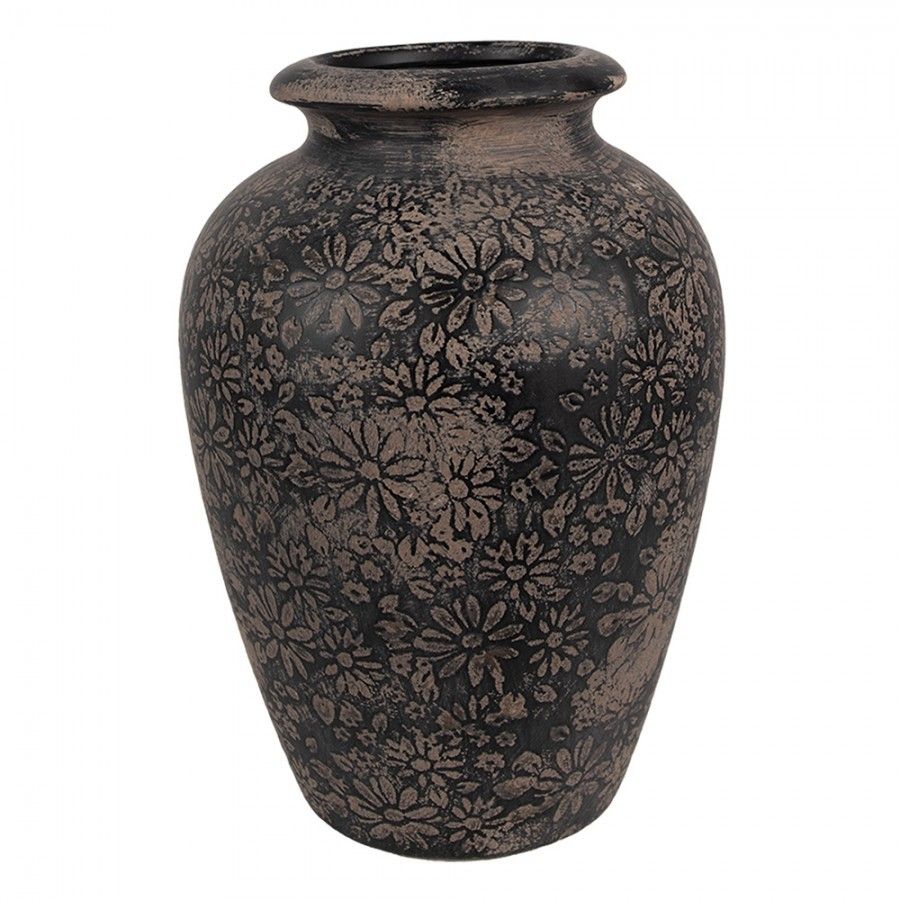 Černo-šedá keramická váza s květy - Ø 18*26 cm  Clayre & Eef - LaHome - vintage dekorace