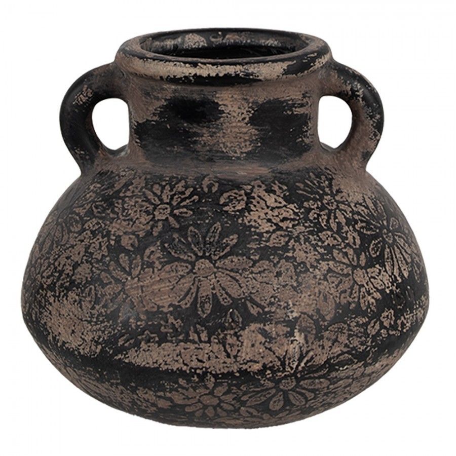 Černo-šedý keramický obal na květináč/ váza s uchy a květy - Ø 15*13 cm  Clayre & Eef - LaHome - vintage dekorace