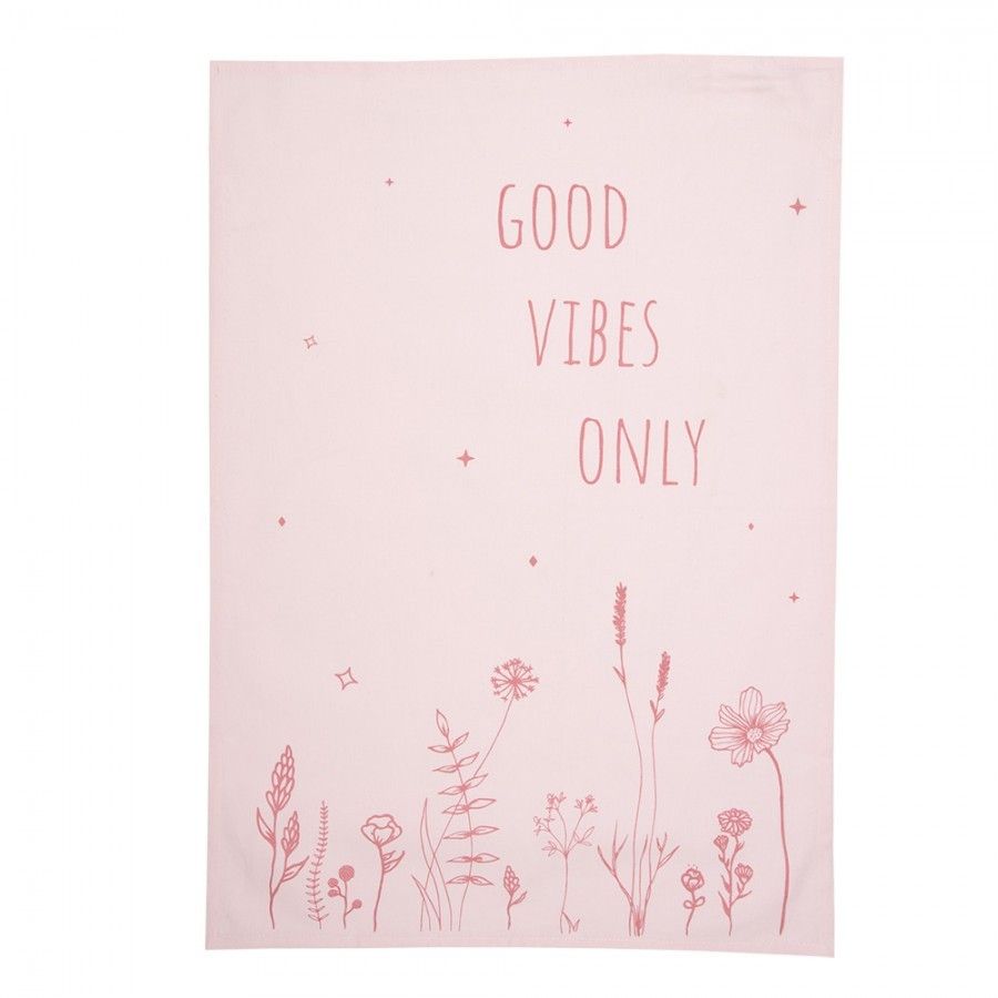 Růžová bavlněná utěrka s kytičkami Good Vibes Only - 47*70 cm Clayre & Eef - LaHome - vintage dekorace