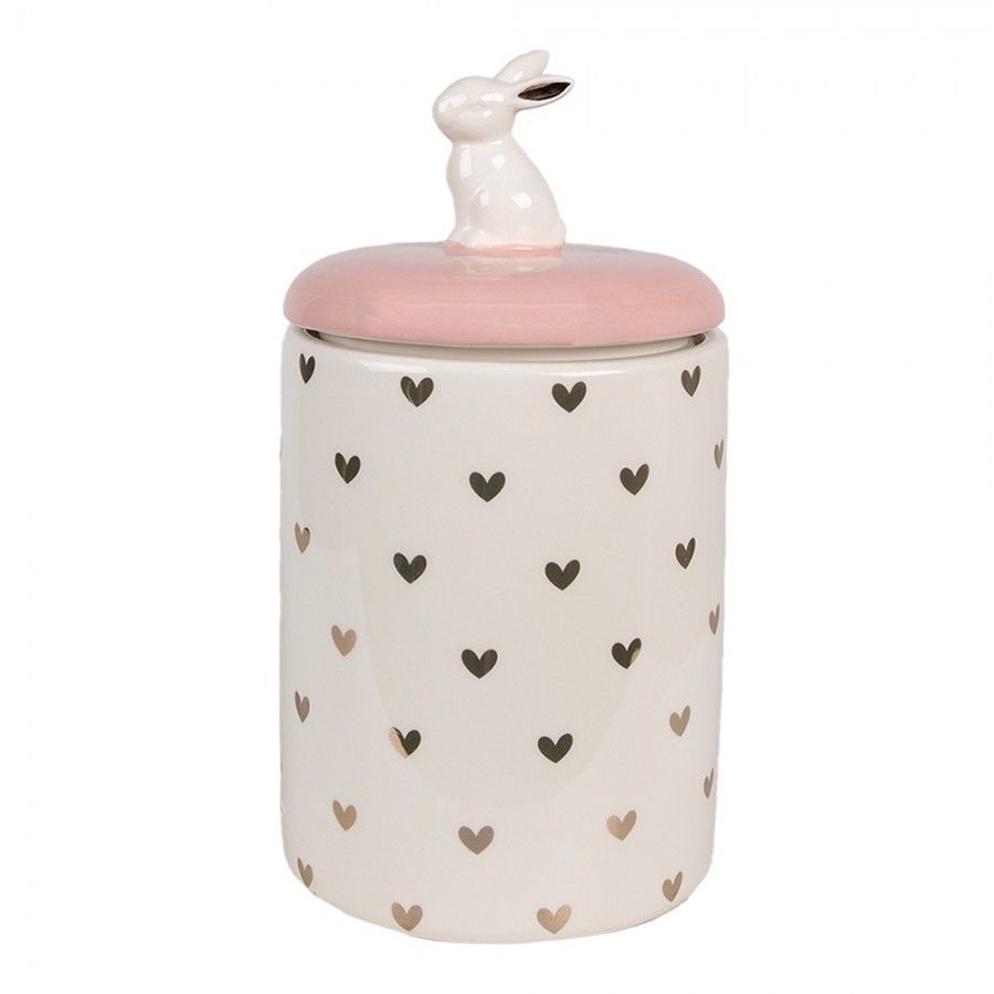 Růžovobílá keramická dóza s víkem Rabbit Heart -  Ø 13x30 cm Clayre & Eef - LaHome - vintage dekorace
