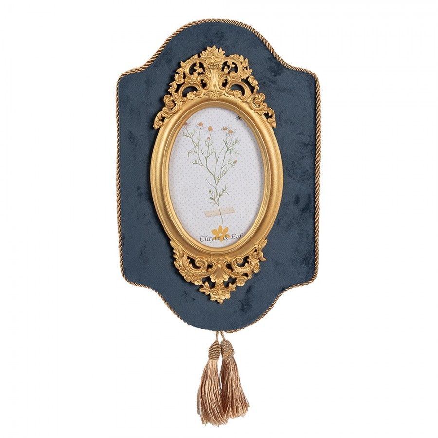Modro - zlatý nástěnný fotorámeček se střapci Baroque - 21*2*32 cm / 10*15 cm Clayre & Eef - LaHome - vintage dekorace