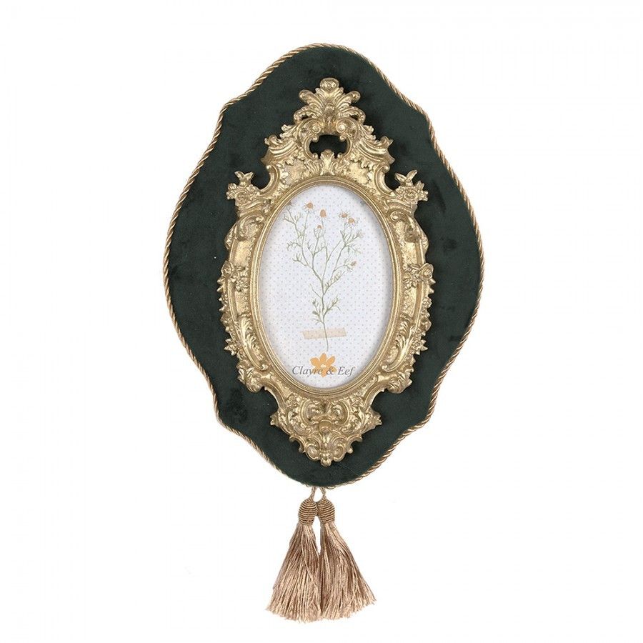 Zeleno - zlatý nástěnný fotorámeček se střapci Baroque - 22*3*31 cm / 10*15 cm Clayre & Eef - LaHome - vintage dekorace