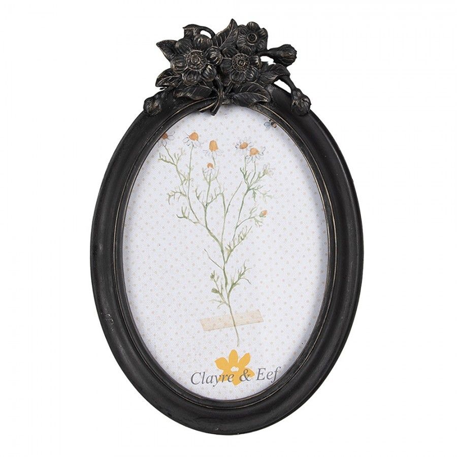Černý antik oválný fotorámeček s květy - 14*3*21 cm / 10*15 cm Clayre & Eef - LaHome - vintage dekorace