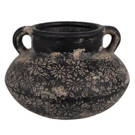 Černo-šedý keramický obal na květináč/ váza s uchy a květy - Ø 21*13 cm  Clayre & Eef