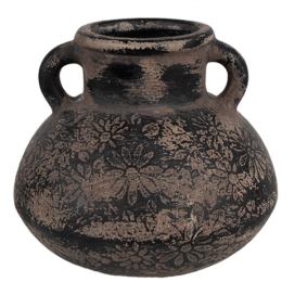 Černo-šedý keramický obal na květináč/ váza s uchy a květy - Ø 15*13 cm  Clayre & Eef