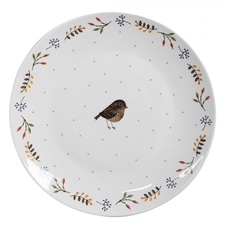 Bílý keramický dezertní talíř s motivem ptáčka Moineau - Ø 20*2 cm Clayre & Eef - LaHome - vintage dekorace