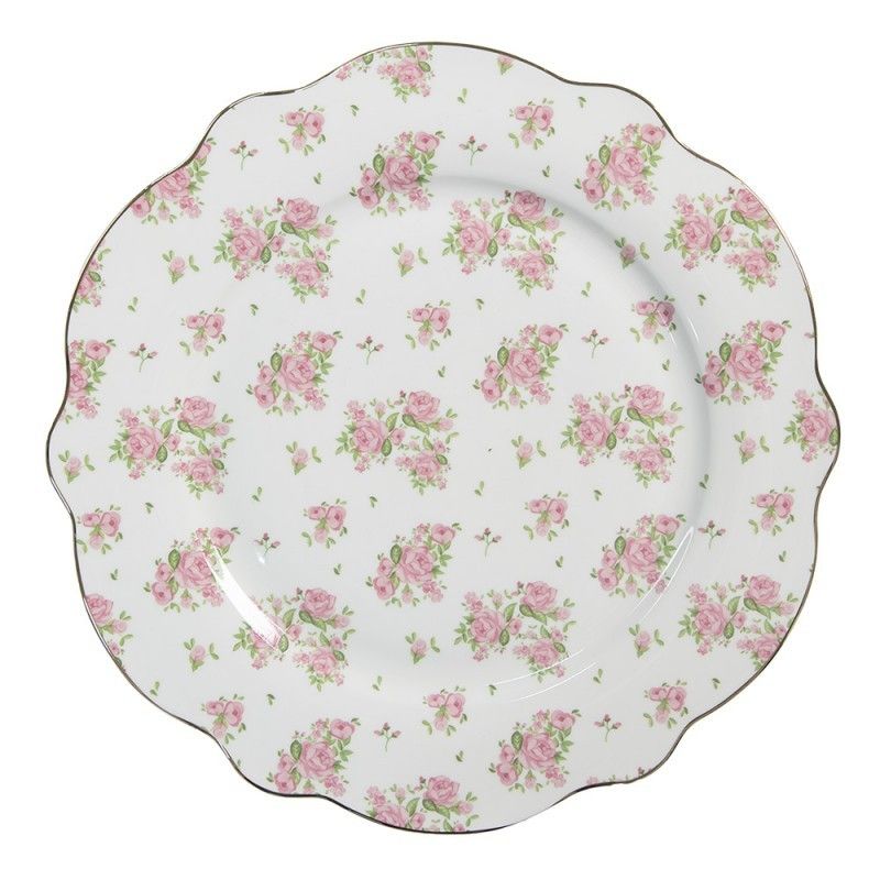 Bílo-růžový jídelní talíř s růžičkami Sweet Roses - Ø 27*2 cm Clayre & Eef - LaHome - vintage dekorace