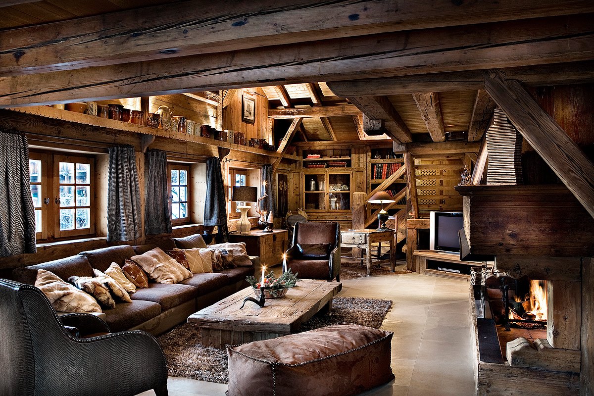 Obývací pokoj v dřevěné chatě - 
