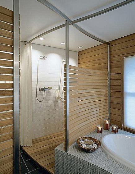 Sprchový kout s dřevěným obkladem - 