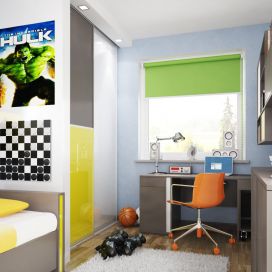 studentský pokoj v kombinaci zelené se žlutou Komandor – výrobce vestavěných skříní a kvalitního nábytku na míru