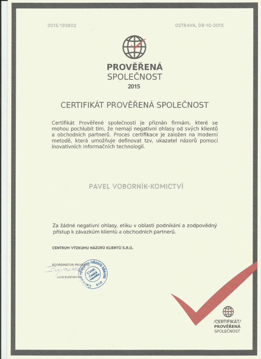 Certifikát - prověřená společnost - Kominictví Voborník