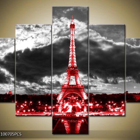 Vícedílný obraz Eiffelova věž červená pod mraky 100x70 cm - LEDobrazy.cz