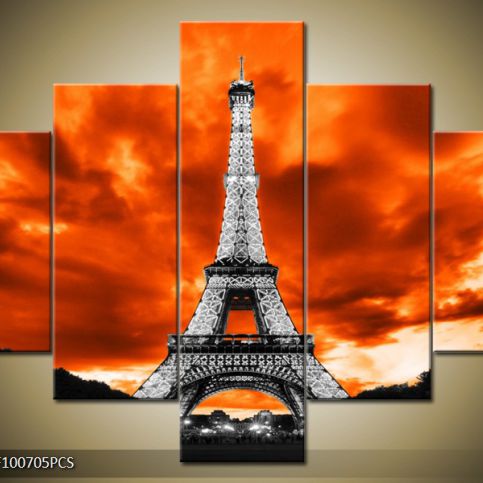 Vícedílný obraz Eiffelova věž pod oranžovým nebem 100x70 cm - LEDobrazy.cz