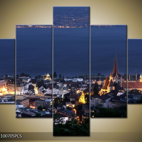 Vícedílný obraz Večerní město u řeky 100x70 cm - LEDobrazy.cz