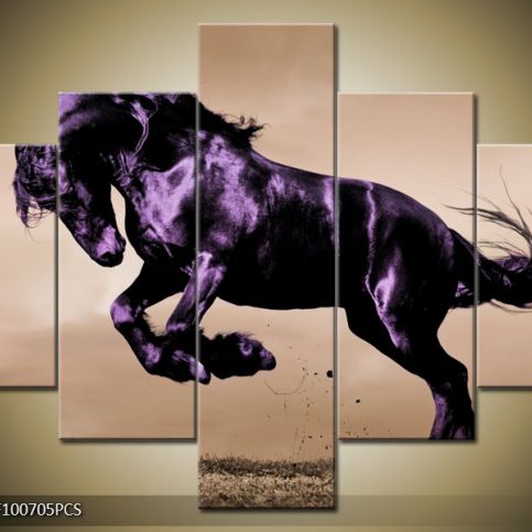 Vícedílný obraz Lesklý černý kůň v poskoku 100x70 cm - LEDobrazy.cz