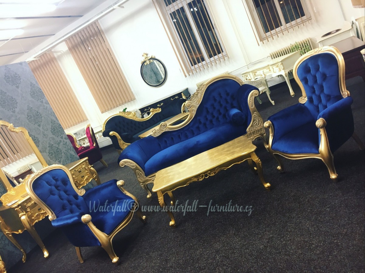 Modré retro sofa ve zlatostříbrném provedení - Waterfall® designový nábytek