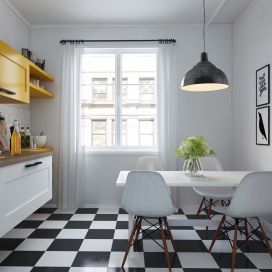Skandinávská kuchyně šachovnicí na podlaze