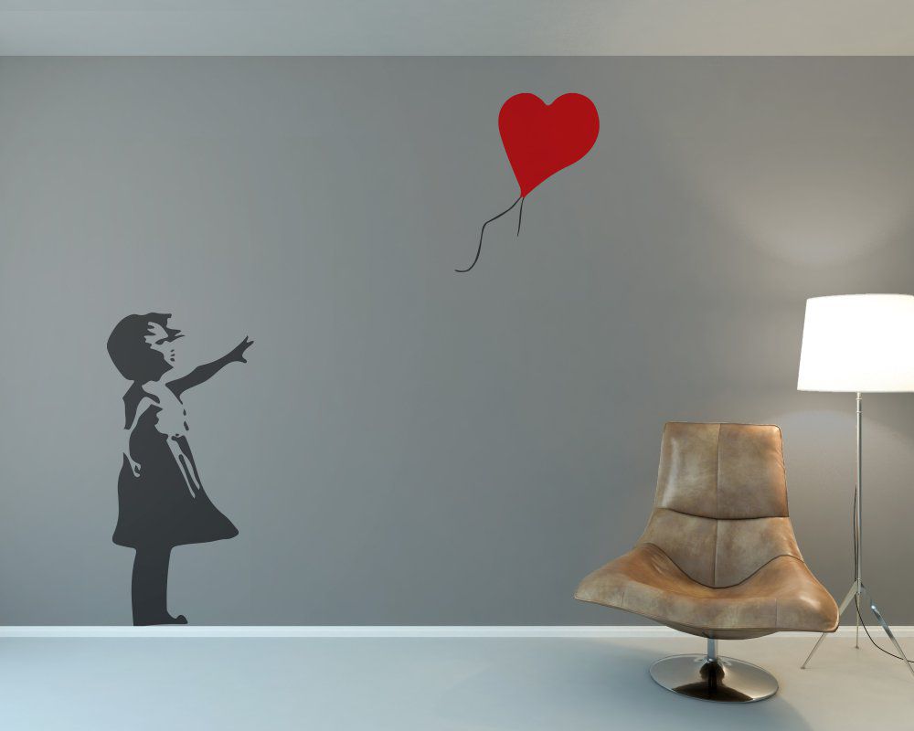 GLIX Banksy \"Girl with Baloon\" - samolepka na zeď Šedá a červená 30 x 70 cm - GLIX DECO s.r.o.