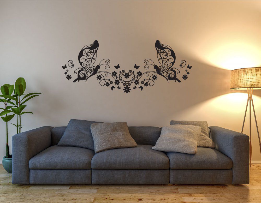 GLIX Motýli na květinách - samolepka na zeď Černá 120 x 50 cm - GLIX DECO s.r.o.