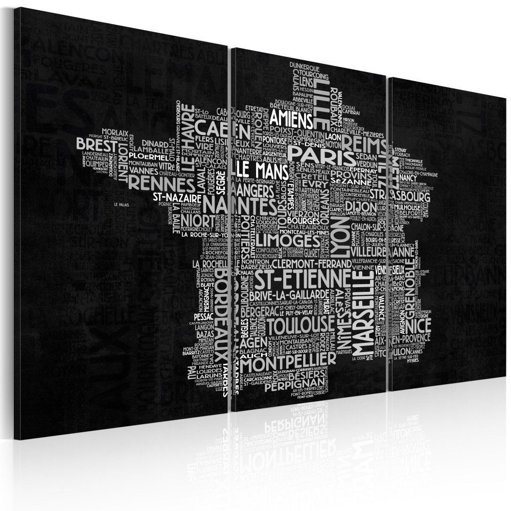 Obraz na plátně Bimago - Text map of France on the black background - triptych 60x40 cm - GLIX DECO s.r.o.
