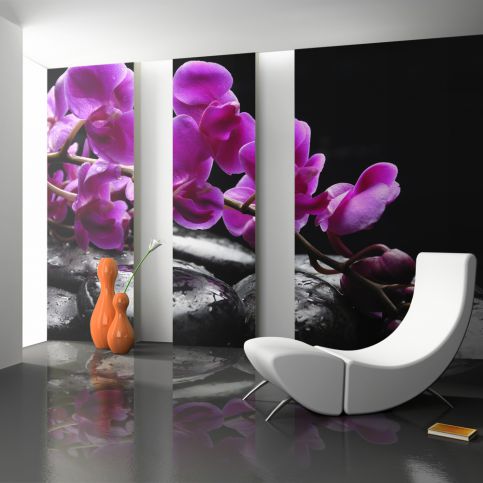 Bimago Fototapeta - Relaxing moment: orchid flower and stones 200x154 cm - GLIX DECO s.r.o.