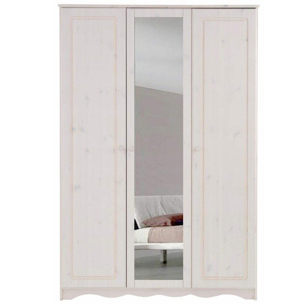 Bílá třídveřová šatní skříň se zrcadlem z masivního borovicového dřeva Støraa Amanda - Bonami.cz